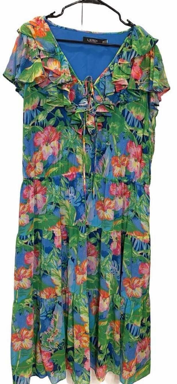 Lauren Ralph Lauren 20W NWT Tropical Floral Ruffle Tiered Maxi Dress Plus Size